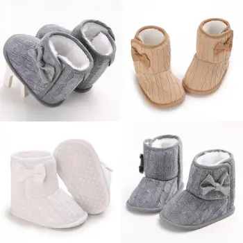 Есенно-зимни плюшени топли памучни ботуши за новородено, лък за момичета 0-12 месеца, плетени обувки от крученого тест
