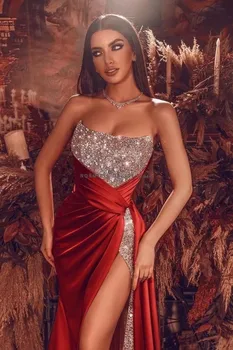 Жена луксозна вечерна рокля с червен кристал, на макси рокля с висока цепка, плиссированное атласное рокля за бала, без презрамки