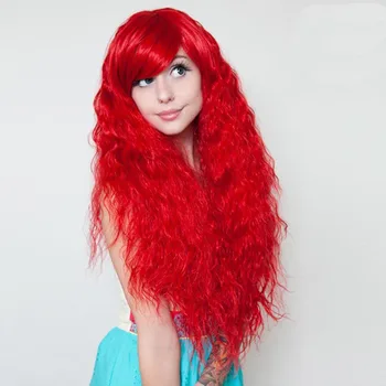 Жена перука, червено, бяло, черно, с дълги вълнообразни коси, натурален, къдрава, синтетичен и напълно синтетични перука 