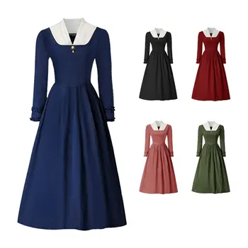 Жена средновековна викторианска рокля в ретро стил, яка, дълги ръкави, висока талия, френски дрехи, кафяво-синьо темпераментное дълга рокля