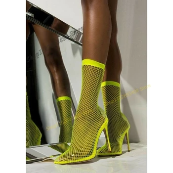 Жълти Окото Кухи Ботильоны с остри пръсти обувки на Висок ток-висок ток, Дамски обувки, без съединителни 2023, Модни Пикантни Zapatos Para Mujere