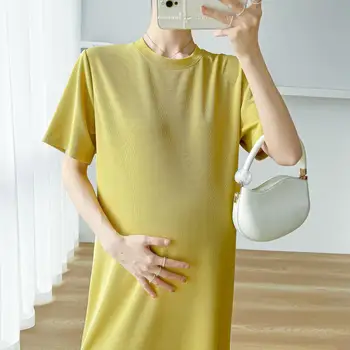Жълто-бежевое Лятна рокля за бременни с къс ръкав и кръгло деколте, пряко рокля за бременни с цепка отстрани, модни широки дрехи за бременни