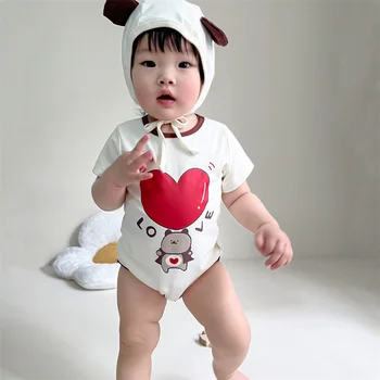 Забавен Корейски детски гащеризон 2023, Летен Нов боди с принтом Мультяшного Мечка, Дрехи за новородени момчета и момичета с къс ръкав, Тела