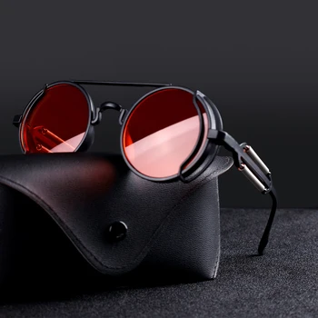 Защита UV400 в готически стил, пънк, модерни кръгли слънчеви очила, слънчеви очила в стил steampunk, мъжки слънчеви очила, слънчеви очила с двойно пружинящими висками