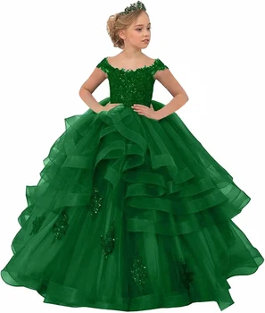 Зелена рокля с цветя модел за момичета, кръгъл отвор, апликация от мъниста, дълги ръкави, елегантни рокли с волани, на много нива панделка за рождения си ден