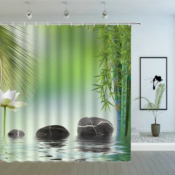 Зелени бамбукови завеси за душ с цветен модел, Пролетта растението, Декорация във формата на пеперуда, интериор на баня, душ завеса за баня от полиэстеровой тъкан