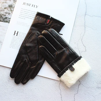 Зимни дебели ръкавици от овча кожа, дамски кожени ръкавици с подплата от кожа агнешко месо, запазването на топлина и студ, модерни ръкавици за карате, ръкавици за езда на мотоциклет