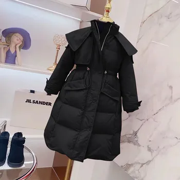 Зимно палто 2023 година С качулка За малки момичетата със Средна дължина На цип, Плюшен Удебелена Топла лента, Однотонная Корейската мода 5-12 Години