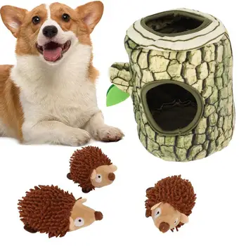 Играчки за кучета на криеница, играчка за кучета в дупка, Интерактивна играчка-пъзел в дупка, дупка в дървото и 3 Плюшени животно за куче със среден размер.
