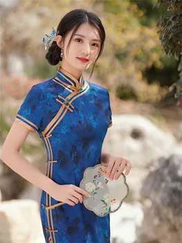 Китайски ретро яка-часова Ръчно с бутони, атласное Ципао-дълга рокля в ретро стил с къс ръкав Чонсам