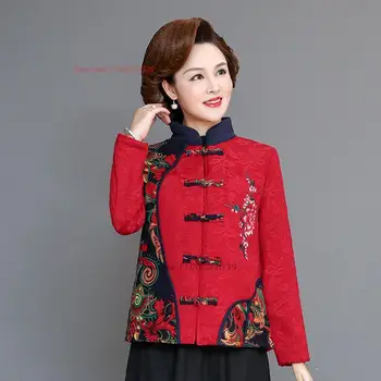 китайското винтажное палто 2024 г., ориенталски ретро костюм от епохата на тан, традиционна етническа топло яке с флорални принтом, върхове hanfu, палто с памучна подплата.