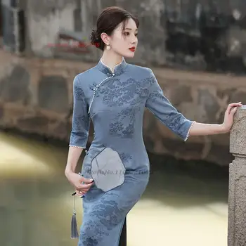 китайското винтажное рокля 2024 г., традиционен чонсам, замшевый ципао с националния цветисти принтом, елегантна източното рокля за банкет и партита