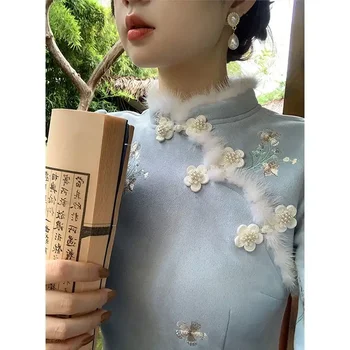 Китайското традиционната рокля Ципао Чонсам Дамски дрехи Есен-Зима Нежно цвете темперамент Елегантна бродерия Реколта