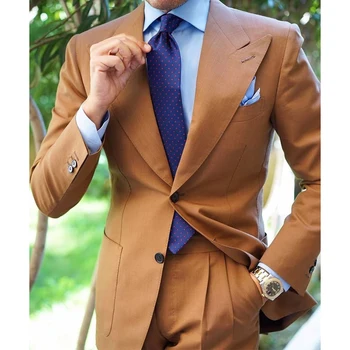 Класически бизнес кафяв Комплект от 2 теми, сако + панталон, комплекти костюми за мъже, съвременен дизайн палто и панталони, Есента модерен обикновен тънък сватбен комплект