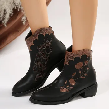 Класически бродирани дамски обувки в западен стил 2023, Зимни дамски обувки в стил ретро с остри пръсти, удобни ботильоны с цип на среден ток