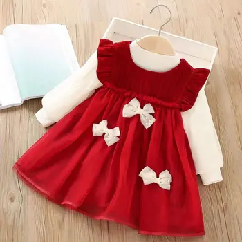 Комплекти дрехи за деца и малки момичета от 2 теми, детски червени рокли без ръкави и блузи с дълъг ръкав за деца от 1 до 6 години, бебешки дрехи