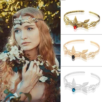 Короната на елфите, гръцка богиня, превръзка на главата си със златен лист, Кристална лист, Elven фея, лента за коса, Регулируеми шапки, дамски костюми, сватбени декорации