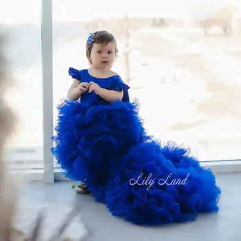 Кралски сини рокли за момичета в цветенце на сватбата си с пластове волани Елегантни рокли за малки момичета Лъкове за фотосесии Детски рокли за рожден ден