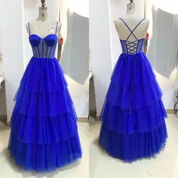 Кралско синьо Елече под формата на сърце, Пищни плиссированное бална рокля от тюл, Ламинирано вечерна рокля с отворен гръб