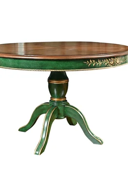 Кръгла маса от масивно дърво, домакински зелена маса за хранене, маса и комплект столове