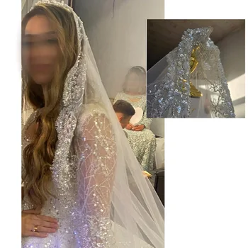 Лейси воали от декорация под формата на кристали и перли с гребен за коса, луксозни сватбени аксесоари 2023 г., бял воал, катедралата на булката