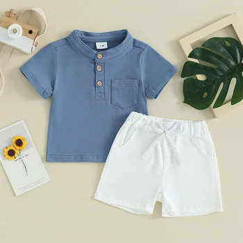 Летни дрехи за малки момчета, однотонная тениска Henley с къс ръкав и къси панталони с еластичен ластик на талията, комплект от 2 теми