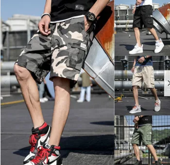 Летни мъжки улични камуфляжные шорти-карго, ежедневни памучни шорти за бягане с джоб на кръста, свободни панталони с завязками на талията