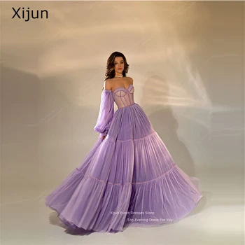 Лилавата вечерни рокли Xijun 2023 от тюл на точки, ръкави, трапецовидна форма, дълга до пода отзад, абитуриентски рокли, вечерни рокли