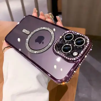 Луксозен прозрачен калъф Magsafe с бриллиантовым блясък за iPhone 15 Pro Max 14 Plus 13 12 11 Безжична зареждане на Магнитен броня