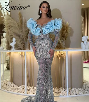 Луксозна вечерна рокля с дълъг ръкав и сини къдри по поръчка, расшитое перли и кристали, арабско рокля знаменитост на Дубай, сватбени рокли за партита