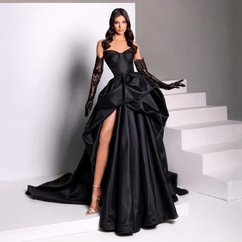 Луксозни черни Дамски официални рокли за бала 2023, Буйни сатенени рокли за рожден ден с цепка отстрани, Robe De Soiree