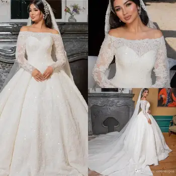 Луксозно Арабското бална рокля с открити рамене, Сватбени рокли, Реколта Дълги Слипы, Лейси апликация, Кристали, мъниста, Плюс Размера на Сватбена рокля