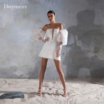 Лятна бяла рокля-риза Doymeny 2023, мини коктейлни рокли с деколте лодка и пищни ръкави, шнур отзад, расшитыми пайети