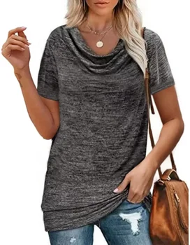Лято 2023, нова однотонная свободна женска тениска с дълги ръкави и отложным яка, сив на цвят, серая22