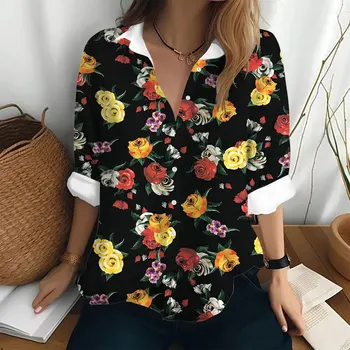 Лято 2024, на Женската риза, Модерен Топ С Мек яка, широки Дрехи Копчета, Риза С Цветя Модел Дамски Елегантна Тениска