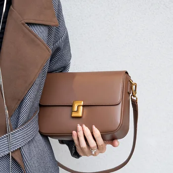 Малка модерна квадратна чанта, нова дамска чанта за през рамото от естествена кожа, с висококачествена чанта за ръце, дамска чанта с капак за пътуване до работа