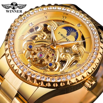 Марка Winner Golden Moon Phase Дизайнът на Луксозни мъжки автоматичен часовник с виртуален скелет турбийоном в ретро стил с диаманти от неръждаема стомана