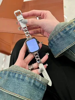Метална Верижка Кожена Каишка за Apple Watch Band 49Ultra SE8 7 6 5 4 3 38 mm/42 мм Гривна-верижка от неръждаема Стомана за Iwatch 41/45 мм