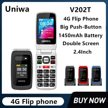 Многофункционален телефон UNIWA V202T 4G С Двоен Екран, Голям Бутон Панти за Мобилен Телефон за възрастни Хора с акумулаторна Батерия 1450 mah, Бутон за спешни повиквания