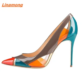 Многоцветни вечерни обувки на високи токове с остри пръсти на висок ток 