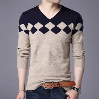 Моден тренд 2023 г., мъжки пуловер пуловер с ромбовидным модел, Удобен вязаный мъжки ежедневни пуловер