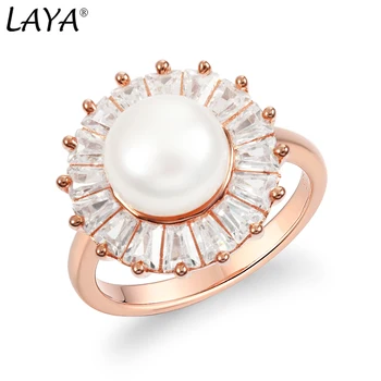 Модерен пръстен от сребро 925 проба Laya с натурален сладководните перли и регулируем цирконии AAAAA за жени, сватбени декорации