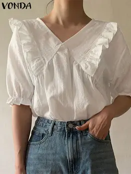 Модерна бяла блуза VONDA, дамски блузи с V-образно деколте и къс ръкав с набори, 2023 Летни Ежедневните Свободни ризи, Елегантни блузи обикновена