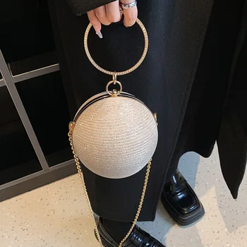 Модни Сферична Дамска чанта Луксозен Скоба Мини чанта през рамо Портфейли Дизайнерски Дамски чанти през рамо Лъскава вечерна дамска чанта С Кристали