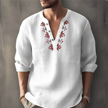 Мъжка блуза С Винтажным Бохемски Принтом, Ежедневни риза С Дълъг ръкав, Блуза, копчета, Свободни Плажни върховете Henley С V-образно деколте, Хавайски Ризи