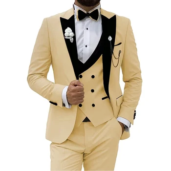 Мъжки костюми цвят Шампанско Slim Fit 3 предмет на Бизнес яке Смокинги Блейзър Джентълмен за сватбата Младоженецът Бала Нощ Парти Училище