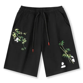 Мъжки къси панталони с изящна бродерия Guochao от чист памук, с еластична гумена лента за кръста, удобни ежедневни панталони за мъже, свободни баскетболни шорти