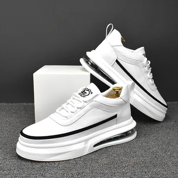 Мъжки модни бели обувки в корейски стил, обувки на плоска подметка от естествена кожа, удобни маратонки на въздушна възглавница, градинска обувки на платформа chaussure