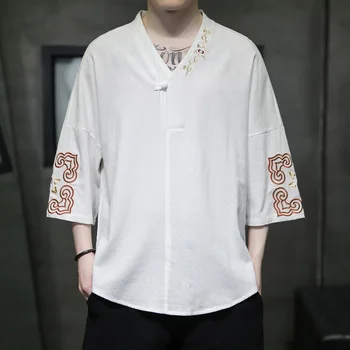 Мъжки памучни тениски с V-образно деколте в китайски стил, Синицизм, Ретро костюм от Епохата на Тан, Риза с бродерия, Мъжки Ризи, Блузи, Свободни и удобни