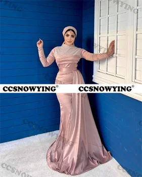 Мюсюлманските вечерни рокли на Русалка сатенени пайети и мъниста, Ислямското вечерна рокля с дълъг ръкав, женски Арабски Дубайское вечерна рокля